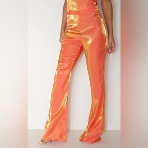 Pretty Little Thing Orange High Shine Satin Tailored Flared Pants